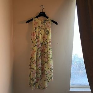 Yellow dress with pink flowers - shorter in the front - yellow slip sewn in
